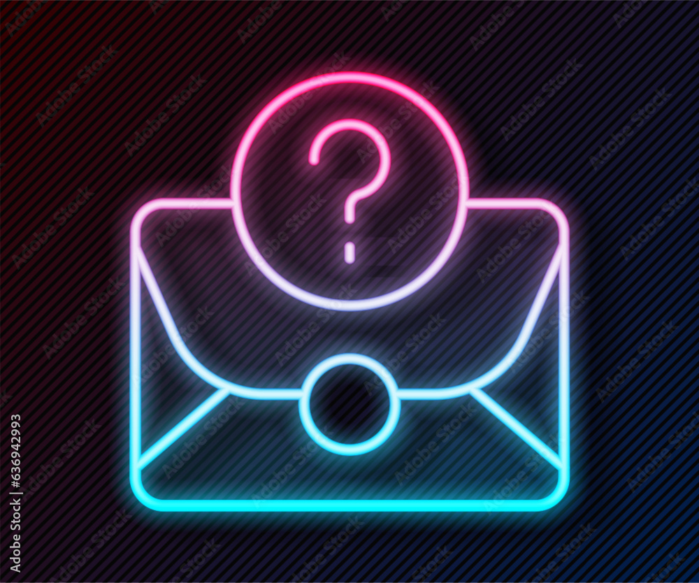 Poster glowing neon line envelope with question mark icon isolated on black background. letter with questio