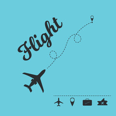 Illustration on the theme of flying on an airplane on a journey. Sending to the destination by plane. Black icons on the theme of vacation.