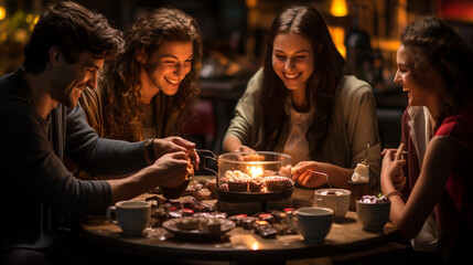 A group of friends gathered around a chocolate fondue pot, dipping marshmallows and biscuits into the molten chocolate 
