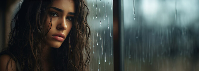 Portrait of a young girl with a sad and depressed expression looking out the window with raindrops on the glass, copy space. Created using Generative AI technology.