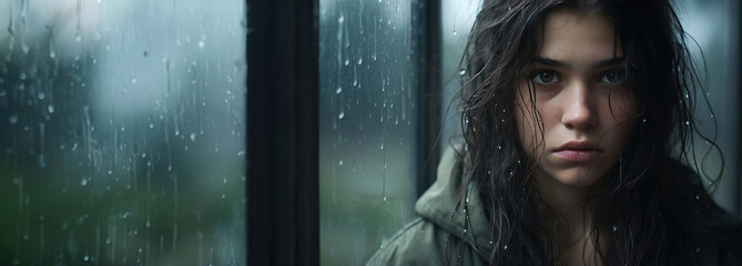 Portrait of a young girl with a sad and depressed expression looking out the window with raindrops on the glass, copy space. Created using Generative AI technology.