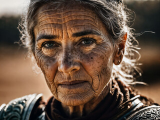 photo of strong ancient senior female warrior with roman armor stained, generative AI
