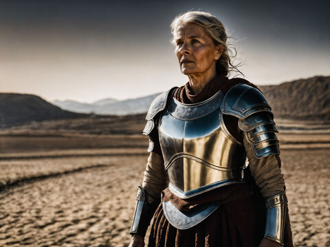 photo of strong ancient senior female warrior with roman armor stained, generative AI