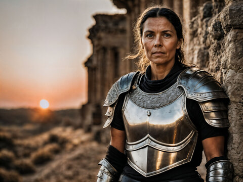 photo of strong ancient senior female warrior with roman armor stained, generative AI
