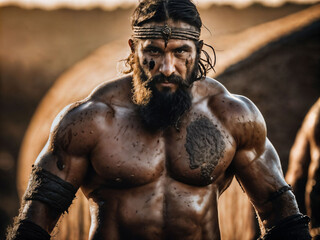 Fototapeta na wymiar photo of ancient barbarian male warrior stained , generative AI