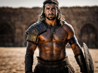 Fototapeta na wymiar photo of ancient barbarian male warrior stained , generative AI