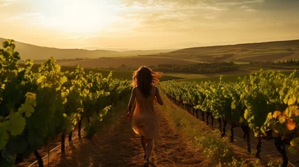 Cercles muraux Vignoble Beautiful photograph of a woman running in the fields