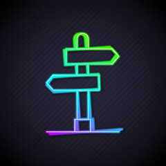 Glowing neon line Road traffic sign. Signpost icon isolated on black background. Pointer symbol. Isolated street information sign. Direction sign. Vector