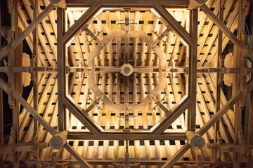 inside of a wooden roof structure of traditional Chinese style temple