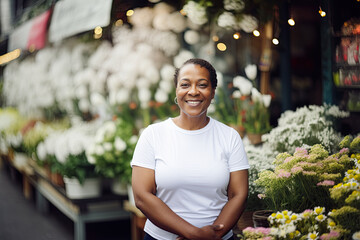 A smiling middle-aged afro woman in a white t-shirt is standing on the blurred background of a flower shop. The concept of her own business. Mock-up for design. Blank template. Al generated - obrazy, fototapety, plakaty