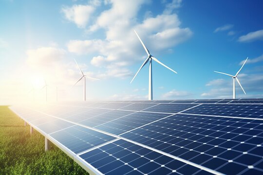 Renewable energy with green energy is wind turbines and solar panels.