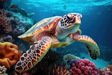 Fototapeta premium Endangered Sea Turtle Resting on Vibrant Coral Reef