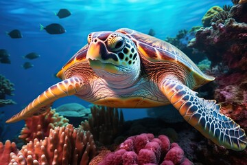Obraz na płótnie Canvas Endangered Sea Turtle Resting on Vibrant Coral Reef