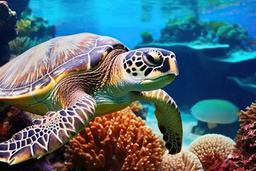 Naklejka na ściany i meble Endangered Sea Turtle Resting on Vibrant Coral Reef