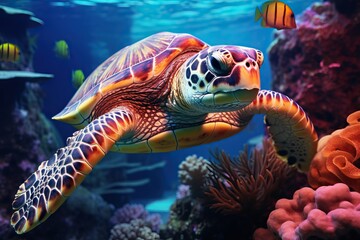Fototapeta premium Endangered Sea Turtle Resting on Vibrant Coral Reef