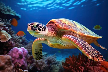 Obraz premium Endangered Sea Turtle Resting on Vibrant Coral Reef
