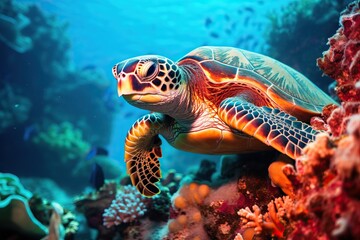 Fototapeta na wymiar Endangered Sea Turtle Resting on Vibrant Coral Reef