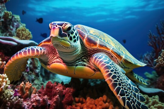 Endangered Sea Turtle Resting on Vibrant Coral Reef