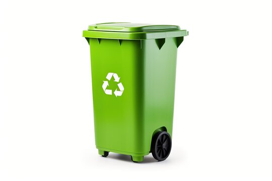 Light green recycling bin with white background garbage