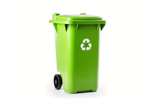 Light green recycling bin with white background garbage