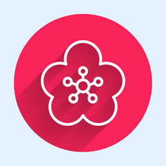 White line Lotus flower icon isolated with long shadow background. Red circle button. Vector