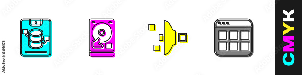 Poster set server, data, web hosting, hard disk drive hdd, filter setting and browser files icon. vector
