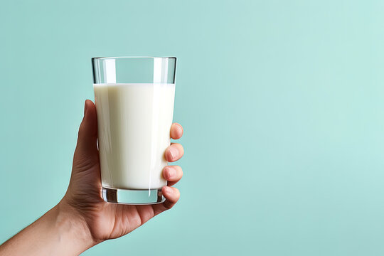 Hand holding a glass of fresh milk with copy space