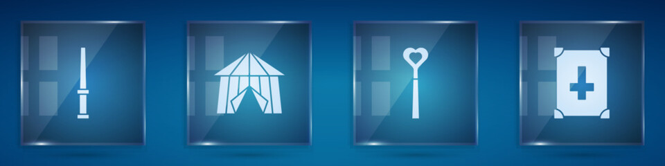 Set Magic wand, Circus tent, and Ancient magic book. Square glass panels. Vector