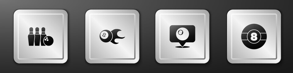 Set Bowling pin and ball, Billiard, Location with billiard and icon. Silver square button. Vector