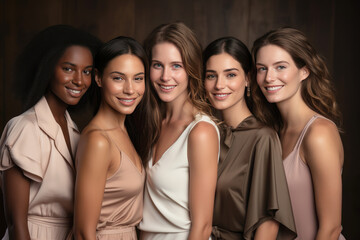 Fototapeta premium fashion, friendship and people concept - group of smiling women in evening dresses over beige background. created by generative AI technology.