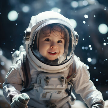 Happiness little boy in astronaut helmet against the background of the planet. created by generative AI technology.