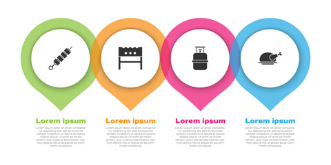 Set Grilled shish kebab, BBQ brazier, Propane gas tank and Roasted turkey or chicken. Business infographic template. Vector