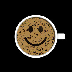 Top view of a coffee cup with foam in the creative  symbol shape of smiley. Fresh espresso icon. Vector illustration isolated on black background