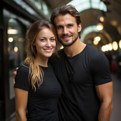 Fototapeta premium Portrait of happy young couple embracing each other in the city. created by generative AI technology.