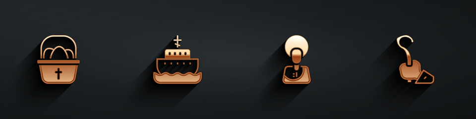 Set Basket with easter eggs, Ark of noah, Jesus Christ and Magic staff icon with long shadow. Vector