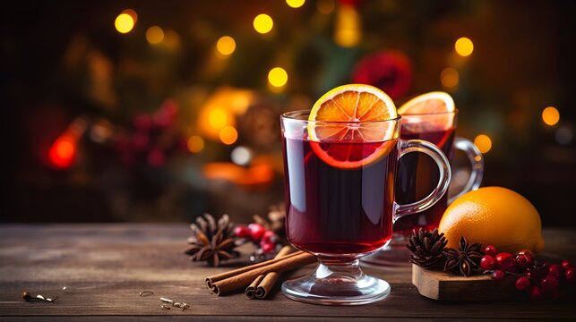 Christmas mulled red wine with spices and fruits on a wooden rustic table. Traditional hot drink at Christmas time