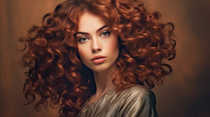Fototapeta premium A Beauty model girl with curly hairstyle . Fashion, cosmetics and makeup. Generative Ai