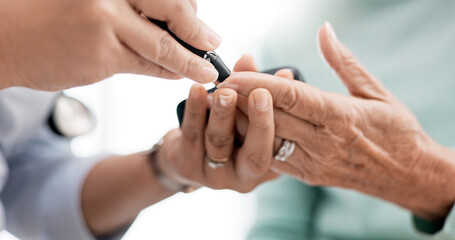 Fototapeta na wymiar Hands, diabetes and a doctor with a patient and tools for a healthcare check with a finger prick. Closeup, service and a nurse with a person and machine for sugar or glucose exam from a blood sample