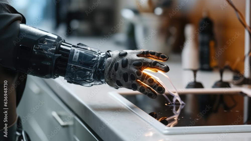 Aufkleber person with disability with bionic prosthetic arm adjust temperature on gas hob control panel.