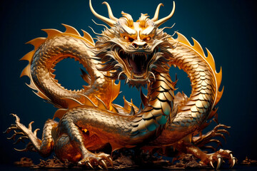 Fantasy golden style dragon. Symbol of the next 2024 year. Close-up