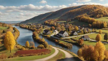 Landscape of of the Autumn in countryside. The road is along with the river and the houses.