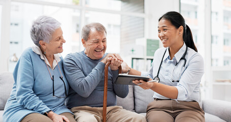 Healthcare, doctor tablet and senior couple with digital results in retirement home with caregiver...