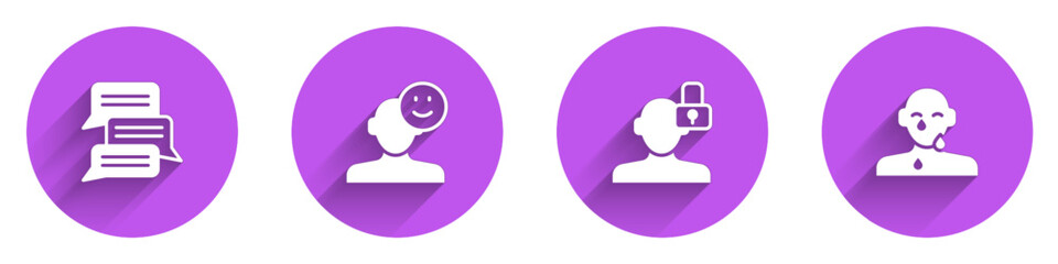 Set Online psychological counseling, Good mood, Closed personality and Tear cry eye icon with long shadow. Vector