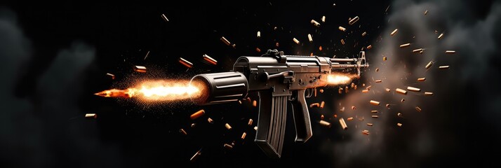Special operations, Assault rifle shooting firepower bullets isolated on black background. - obrazy, fototapety, plakaty