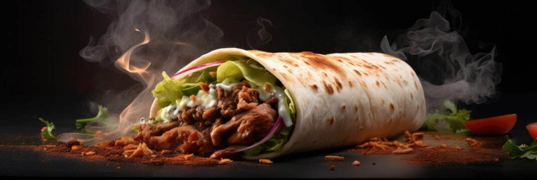 Fresh grilled doner wrap roll hot ready to serve and eat.