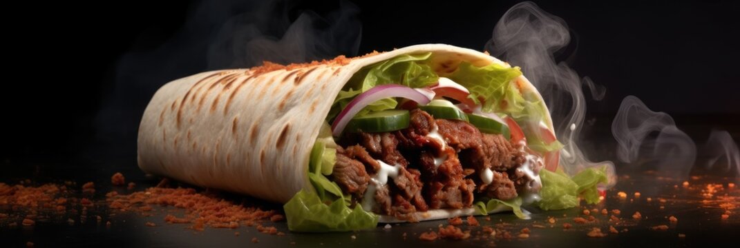 Fresh grilled doner wrap roll hot ready to serve and eat.