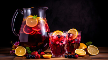 Homemade red wine sangria with orange, apple, strawberry and ice in pitcher and glass on rustic wooden background - obrazy, fototapety, plakaty