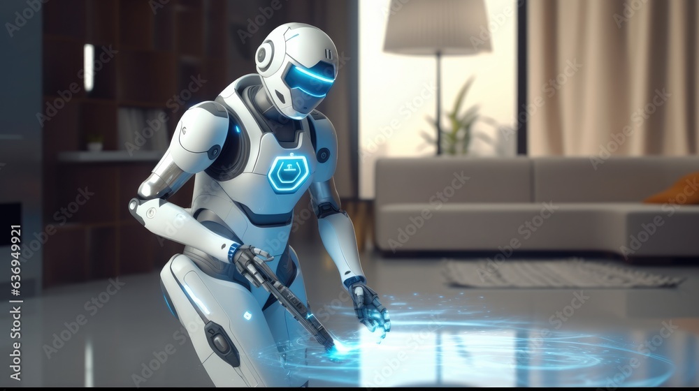 Poster housekeeping robot maid working with a vacuum machine, technology concepts.