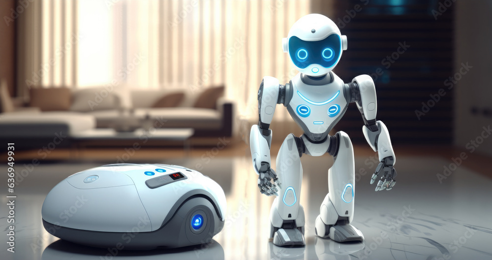 Poster housekeeping robot maid working with a vacuum machine, technology concepts.