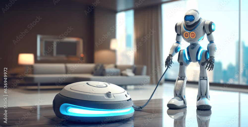 Poster housekeeping robot maid working with a vacuum machine, technology concepts.